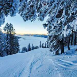 A snowy trail for skiing in the mountains.