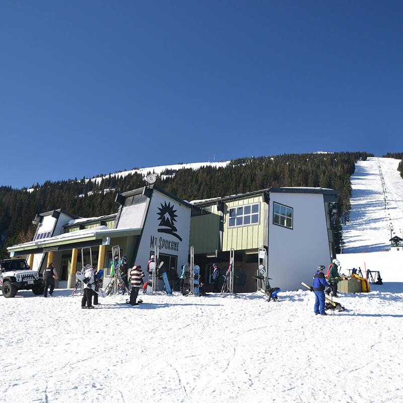 A ski lodge at the bottom of a ski resort.