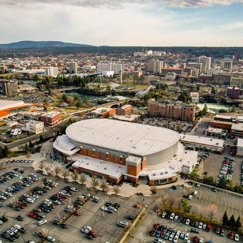 An aerial view of the Spokane Arena.