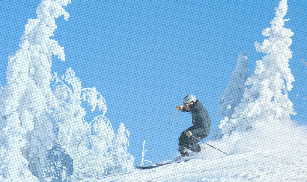 Skier carving through powder on a ski slope.