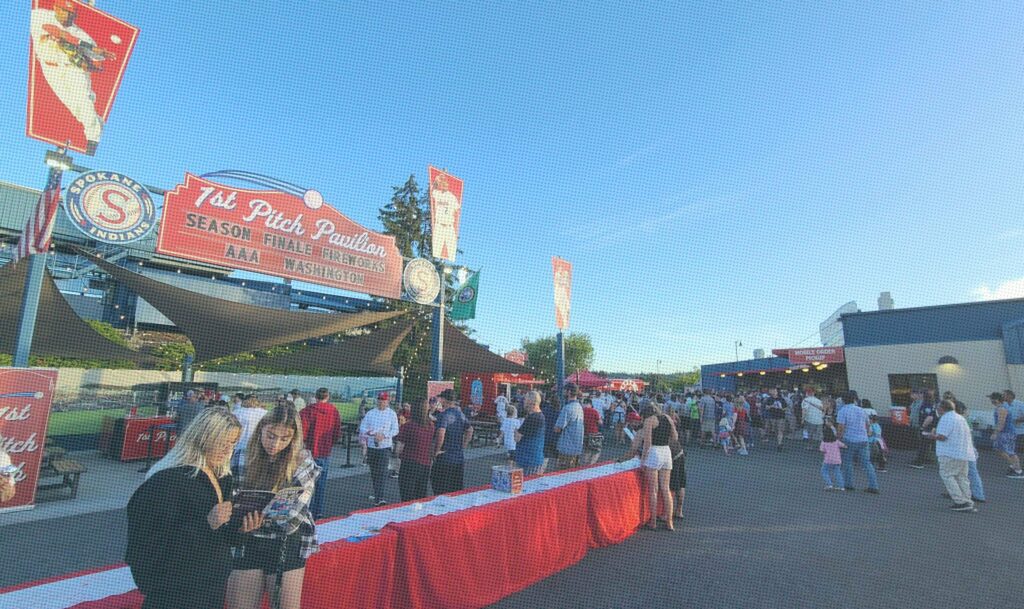 Packed concessions area outside the Avista stadium.